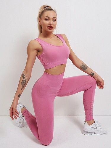 Damen Workout Outfits 2-teilig nahtloser Sport-BH hochtailliert Yoga Leggings Set - Bild 14 von 49