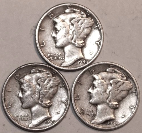 (3) Mercury Dimes - 1943P 1944P 1945P - Very Fine - #0556ED FREE SHIPPING