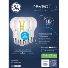 GE 4pk Reveal LED 75W Bulb Clear A19 New