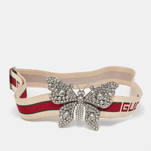 Gucci Ceinture Beige Bande Élastique Cristal Orné Boucle Papillon 85CM