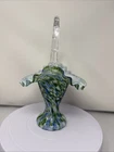 vintage 1960s Fenton Glass Vasa Murrhina basket Blue Green