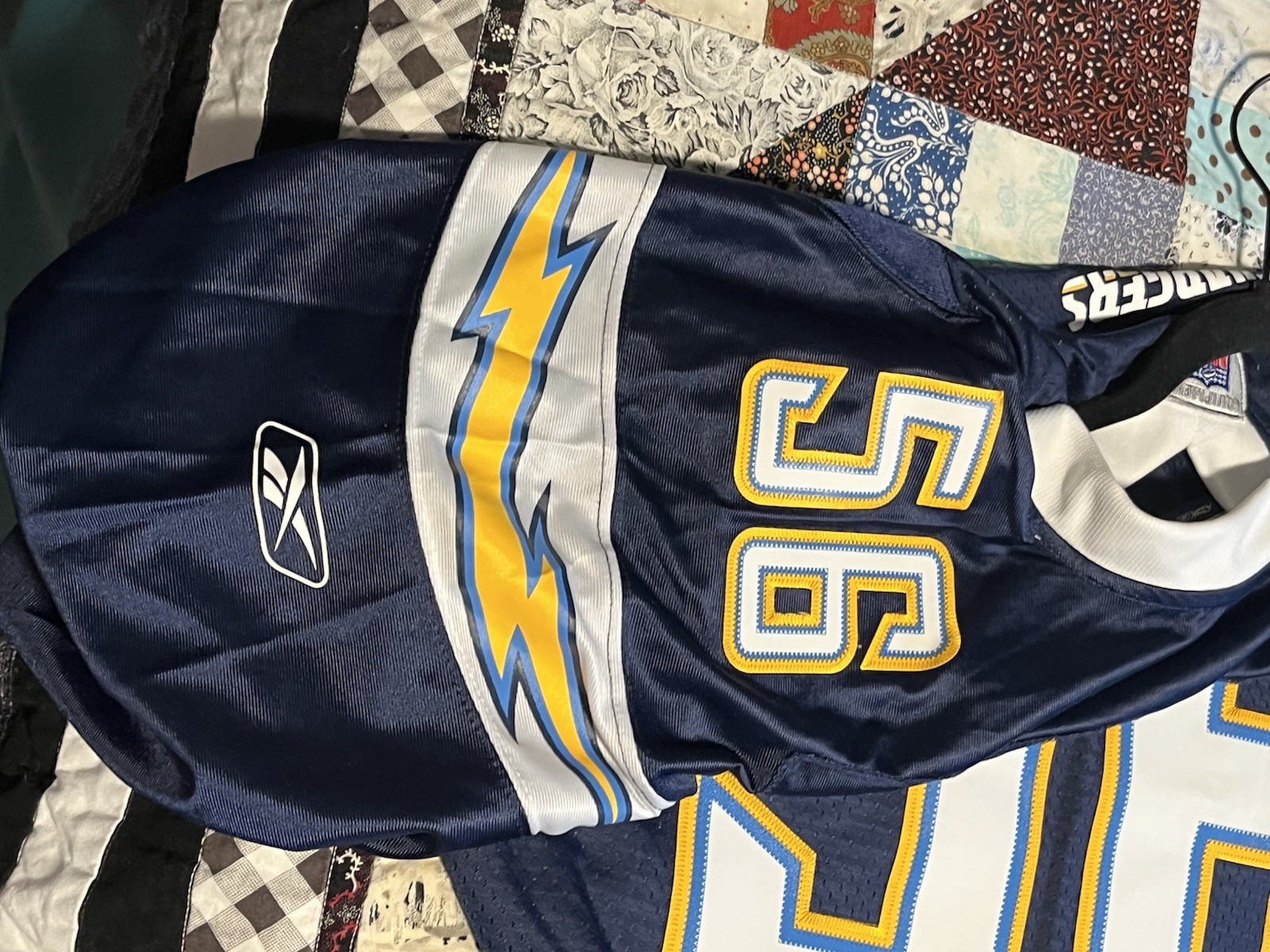 Two San Diego Chargers Shawne Merriman #56 NFL Blue Jerseys Size L / G Reebok thumbnail 6