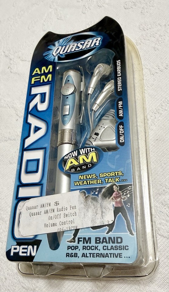 A sealed, never-opened Y2K-era AM/FM radio disguised as a ballpoint pen — a quirky prepper relic and conversation-starting desk curio.
