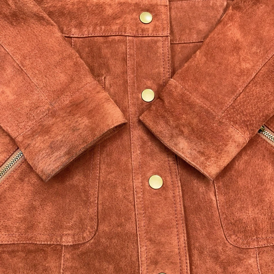 Gabardina de gamuza FOREVER 21 para mujer pequeña con botones a presión chaqueta forrada larga roja oxidada Foto 4 de 4