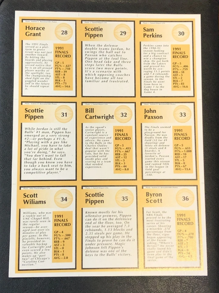 (2)x Hojas de tarjetas sin cortar Chicago Bulls vs LA Lakers 1991 Finales de la NBA Tuff Stuff Jr Foto 4 de 4