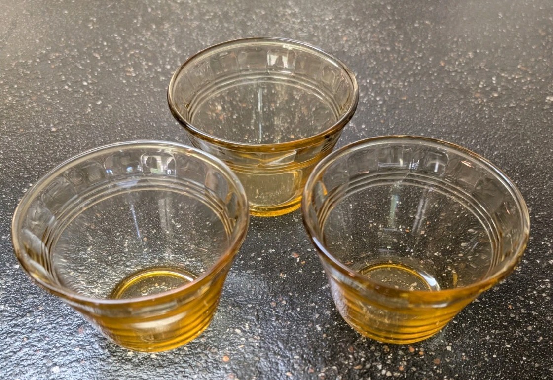 Vintage 3 Yellow Amber Glass Mexico Custard Flan Dessert Cups Ramekins 4oz