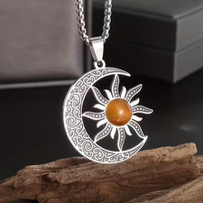 Collana Donna 🌙☀️ Sole Luna Catena Ciondolo Pietra di Vetro Argento Boho Vin...
