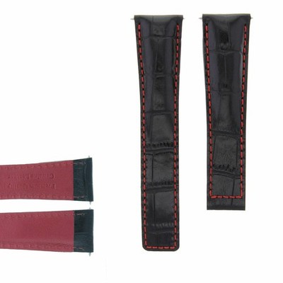 22MM LEATHER BAND STRAP CLASP FOR TAG HEUER CARRERA CALIBRE 16 BLACK RED STITCH