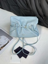 Auth Prada Small Light Blue Leather Drawstring Crossbody Bag Gold‑Tone Hardware