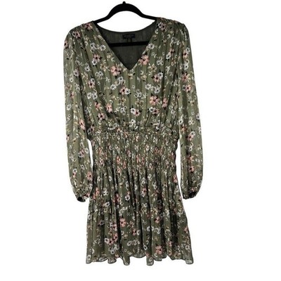 Current Air Green  Floral Long Sleeve Smocked Waist V Neck Dress Sz M Womens 