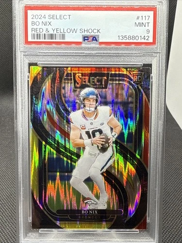 2024 Panini Select Premier Level Bo Nix #117 Red & Yellow Shock Prizm PSA 9!! Rc
