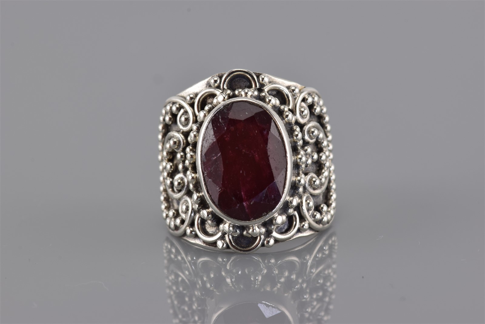 Sterling Silver Ornately Beaded Red Ruby Saddle S… - image 7