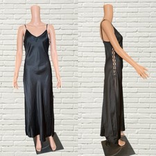 Vintage Y2K 2001 Victorias Secret Maxi Slip Dress Black Satin Lace Up Side