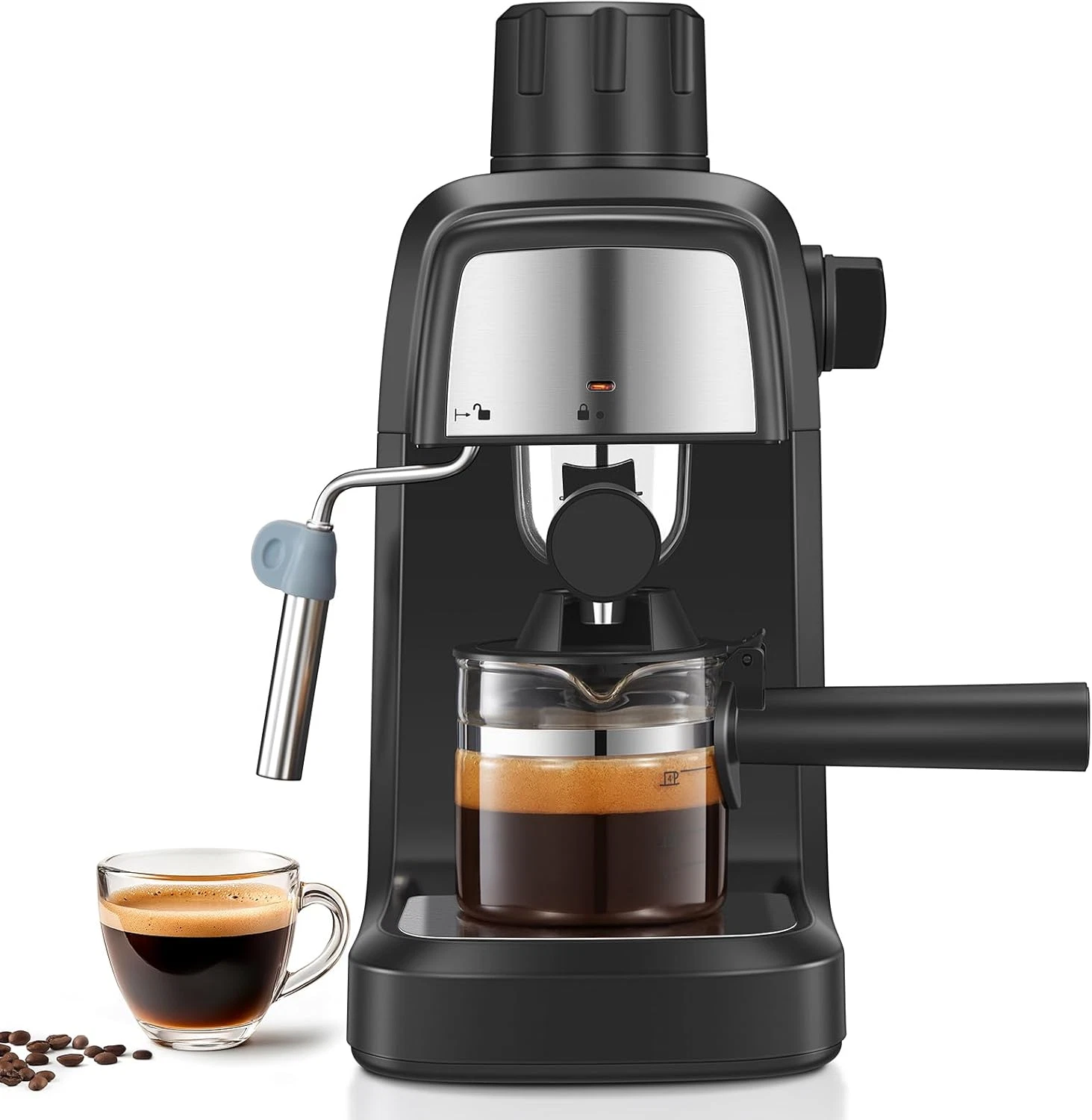 Compact 800W Espresso Machine with Steam Wand for Home & Office, 4 Cups
