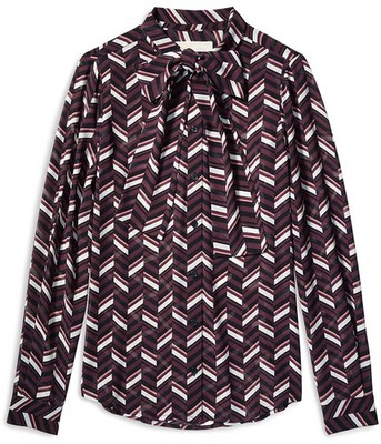 Michael Kors Womens Georgette Tie-Neck Button Down Blouse, cordovan, S