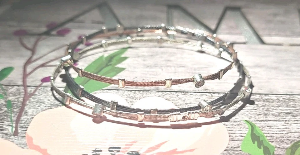 VTG Cable Wire Bracelet Set  Rhinestone Memory Wire Bangle Stack - Image 4 of 4