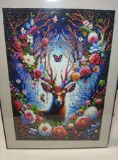 Diamond Art Painting Deer 12"x16 In 30cmx40cm Flowerd Forest Framed