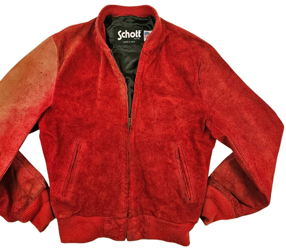 HOT VINTAGE 70's Men's SCHOTT @ BOMBER GENUINE SUEDE LEATHER Zip RED Jacket 38 S - Image 2 of 4