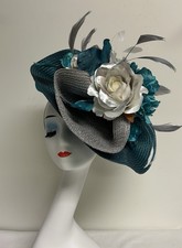 Ascot Fascinator Kentucky Derby Teal Straw Texture, Flowers Feathers Headband