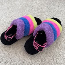 UGG Fluff Yeah Slide Slipper Sandals Black Taffy Pink Multicolor Rainbow Size 6