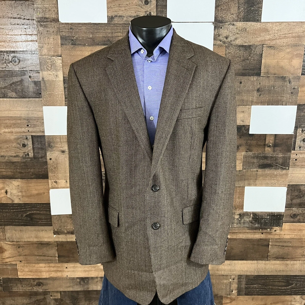 Chaps Blazer Mens 46Long Wool Sport Coat Suit Jacket Houndstooth Brown