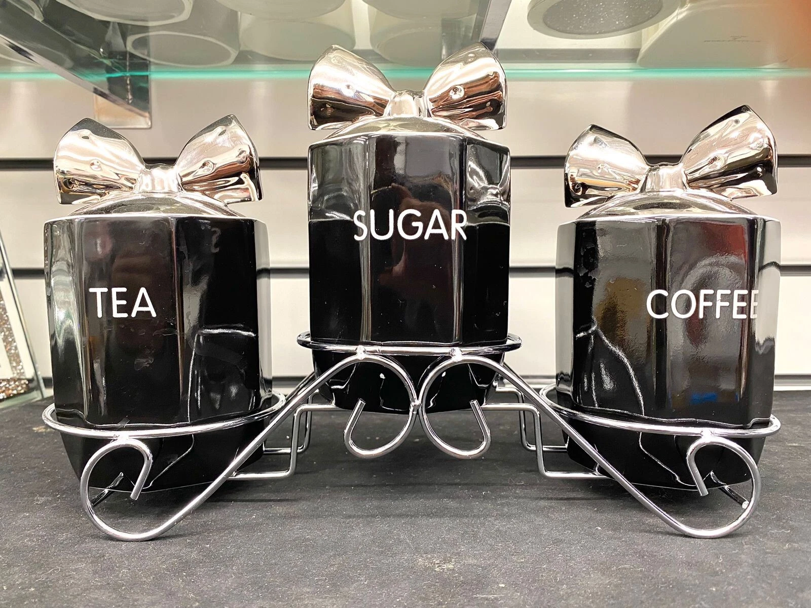 Tea Coffee Sugar Jar With Stand Black Ceramic Storage Set Air Tight Canisters