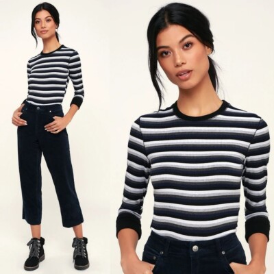New Free People Good on You Grey Multi Striped Three-Quarter Sleeve Tee Size M