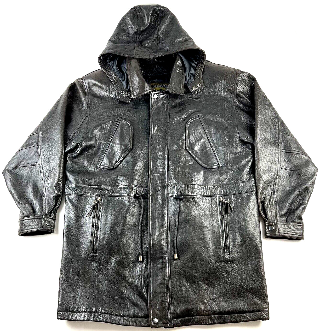 Midway Mens Dark Brown Leather Long Coat Trench Detachable Hood Liner Size L