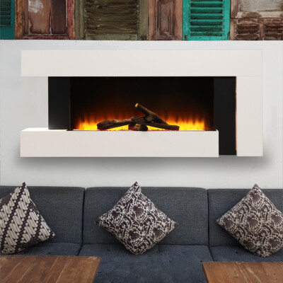 52'' White Wall Mount Electric Fireplace Suite LED Light Log Fire Flame  Heater UK