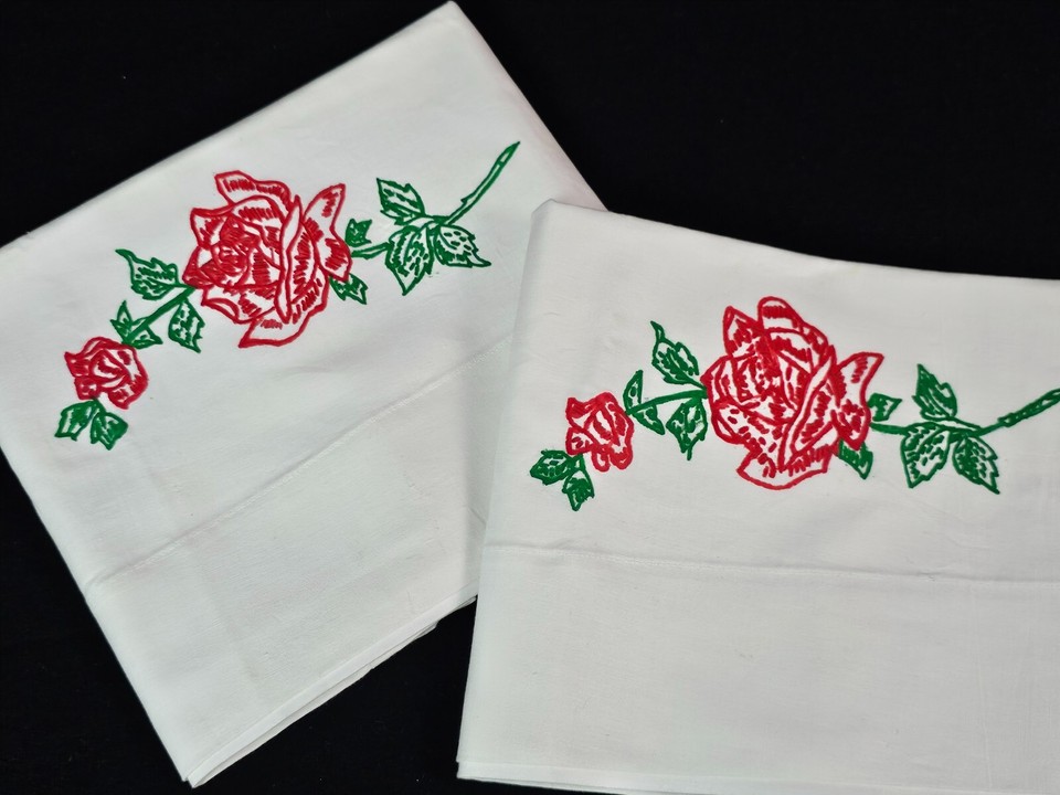 Pair Vintage Pillowcases Handmade Painted Liquid Embroidery Red Roses