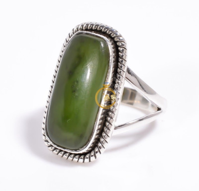 Nephrite Jade Ring Green Stone 925 Sterling Silver Handmade Statement Boho Rings