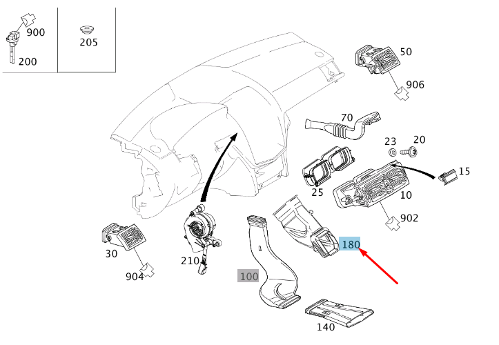 MERCEDES-BENZ C W204 Luftkanal für Instrumententafel rechts A2048300023