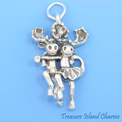 Moose Couple Dancing Dancer 3D 925 Solid Sterling Silver Charm Pendant USA MADE