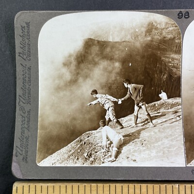 Japanese Boys Looking Down a Volcano Stereoview Aso-San Japan