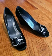 NWOB Stuart Weitzman Black Patent Leather Peep Toe Wedge Pumps Sz. 6.5 M