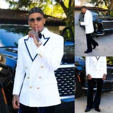 Solid White Men's Double Breasted Suits Satin edging Peak Lapel Jacket Fashion