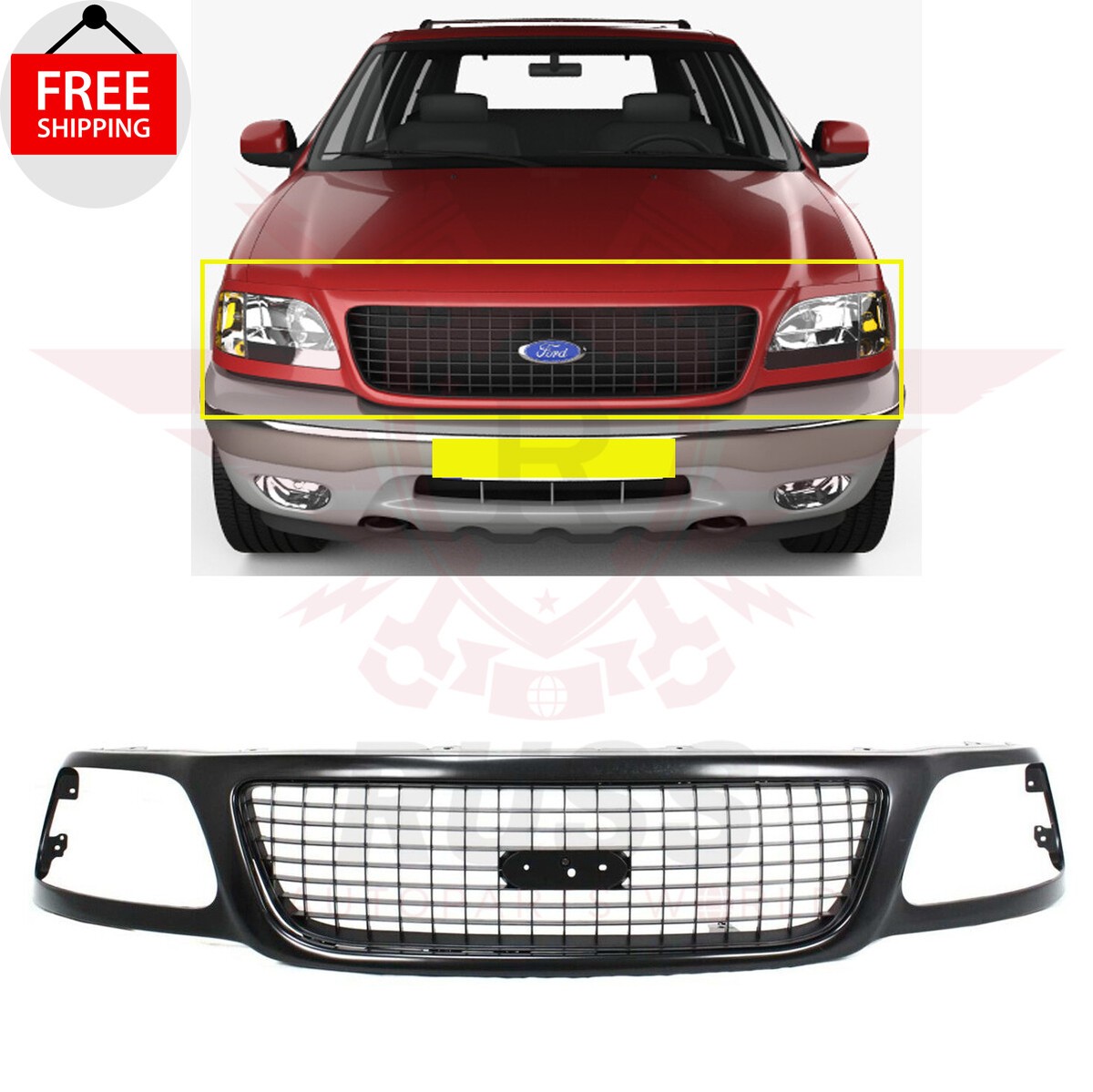 New Front Grille Assembly Matte-Black Fits 1999-2002 Ford