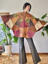 VTG 60s 70s Char Handcrafted Leather Suede Patchwork Butterfly Poncho Cape