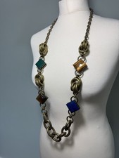Anton Heunis Gold Tone Long Chunky Cable Necklace Lapis Tiger Eye and Malachite