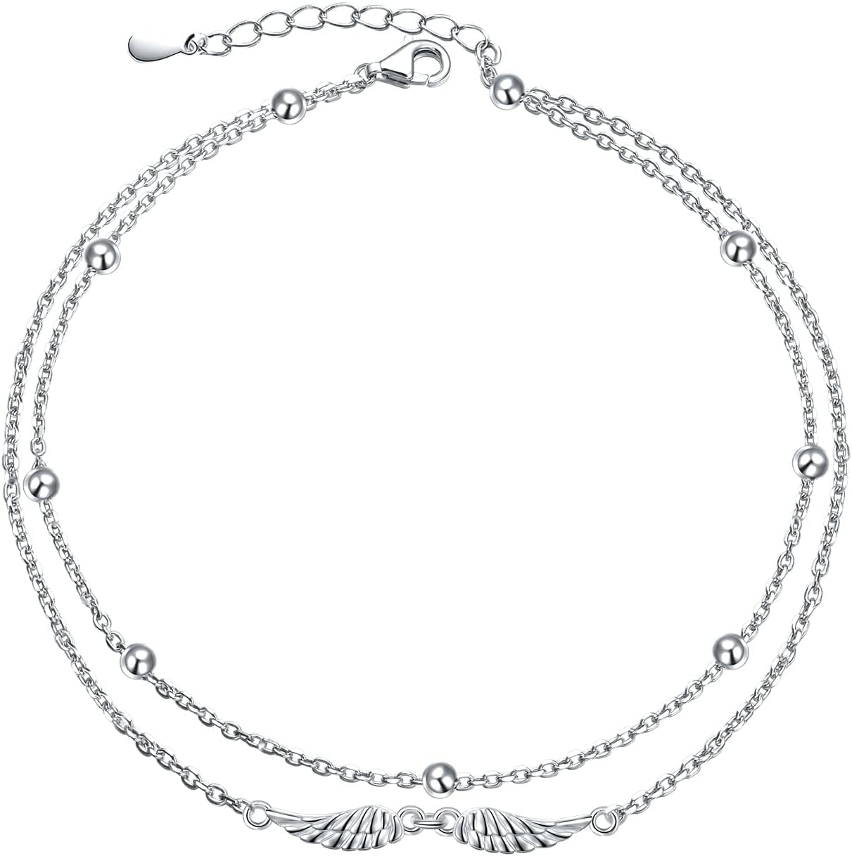 Sterling Silver Adjustable Anklet with Beaded Heart and Cubic Zirconia for Women-image