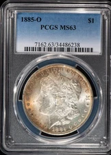 1885-O Morgan Silver Dollar MS63 Silver Obv Golden Yellow Crescent Toned & Rev