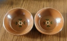 Vintage Pair of Pottery Terracotta Hand Painted Floral Design Bowls