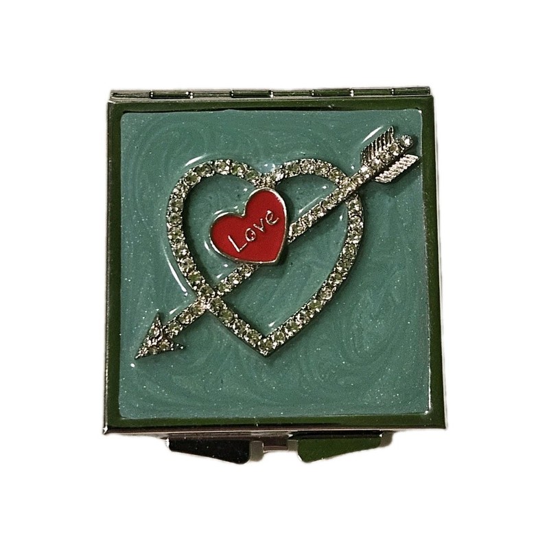 Square Compact Makeup Mirror Heart Arrow Design Silver Plated Turquoise, Red