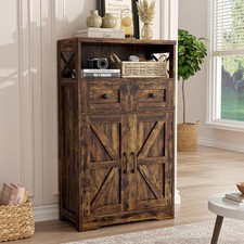 Rustic Brown Farmhouse Storage Cabinet with Barn Doors and Shelves Freestanding