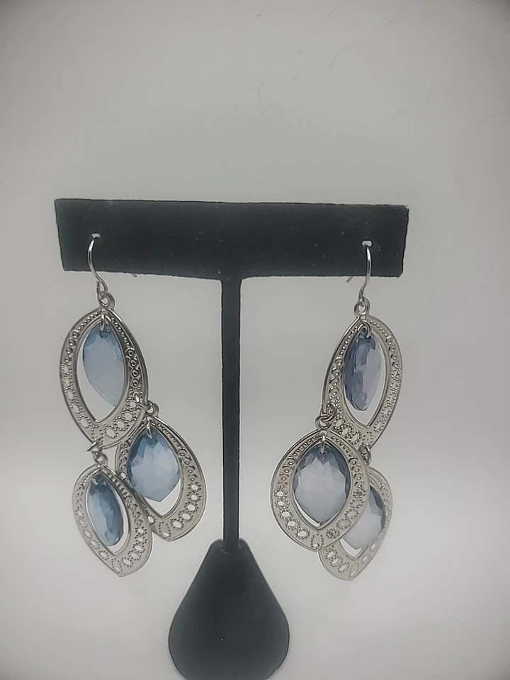 Pendientes Vintage Gancho Perforado Colgante Cristales Azules Tono Plata Joyería Foto 3 de 4