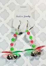 Holiday Earrings Jingle Bells  Beads Dangle Pierced Holly Leaf Adult Women's