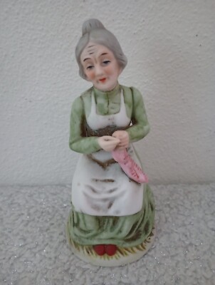 Ceramic Elderly Lady Figurine Sitting Sewing Made in Korea Gray Hair In A Bun
