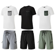New Mens T Shirt Shorts Set Cargo Utility Cotton T Shirt Nylon Shorts