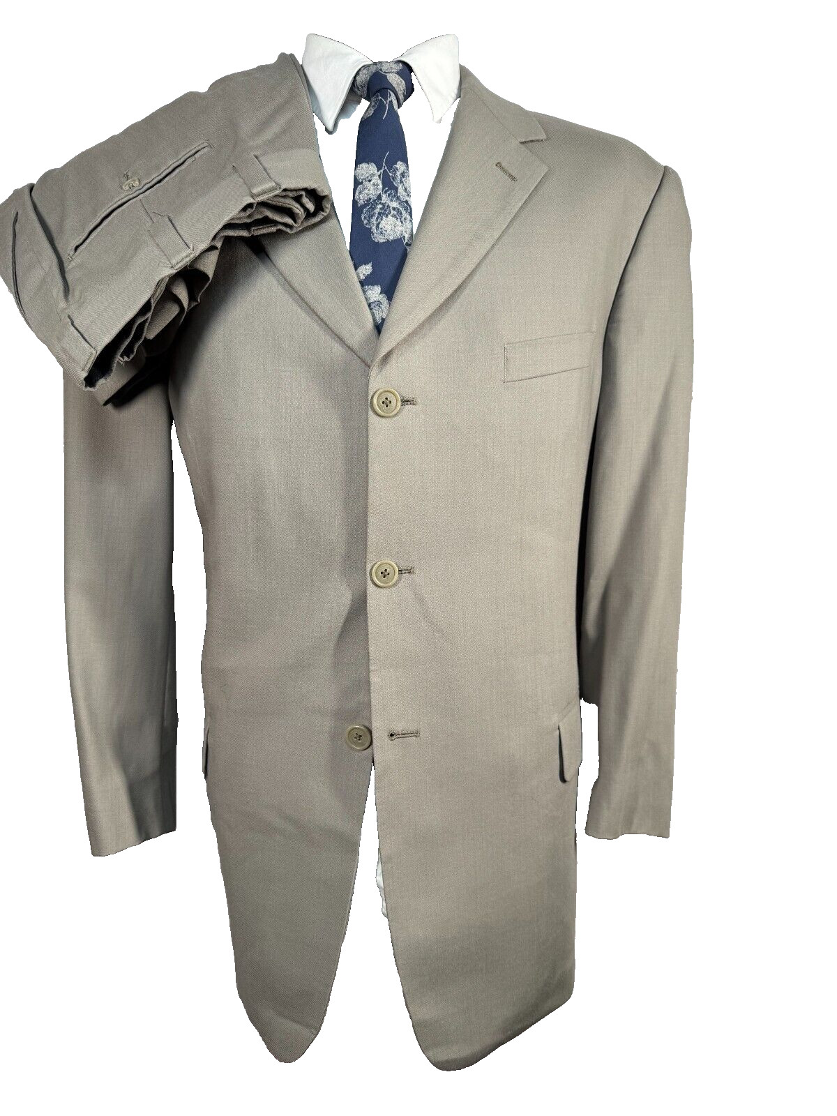 PERRY ELLIS Mens Beige Tan REG FIT Wool Pleated 2 Pc Suit 43