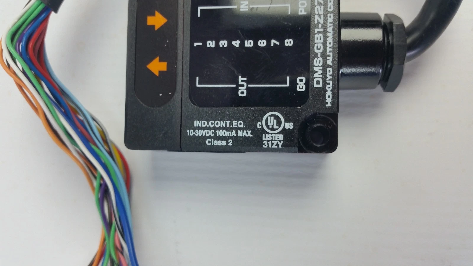 DMS-GB1-Z27 label close-up: Ind. Cont. Eq. 10–30 VDC 100 mA max, Class 2, cULus listed